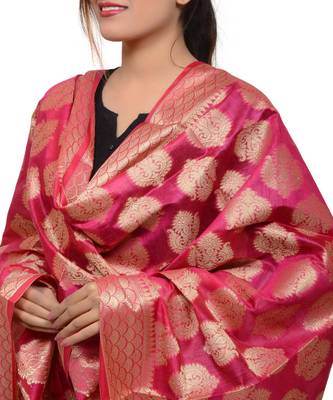Women's pink Banarasi Kora Silk Zari Dupatta 2