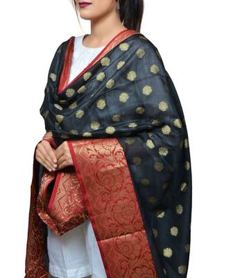 Women's black Banarasi Kora Silk Zari Dupatta 2
