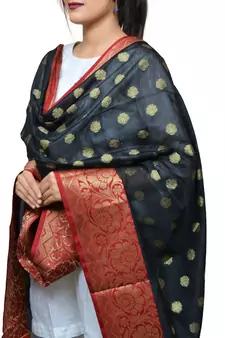 Women's black Banarasi Kora Silk Zari Dupatta