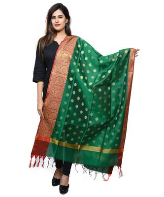 Women's green Banarasi Kora Silk Zari Dupatta 1