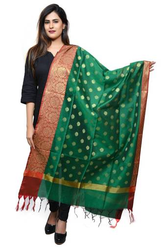 Women's green Banarasi Kora Silk Zari Dupatta