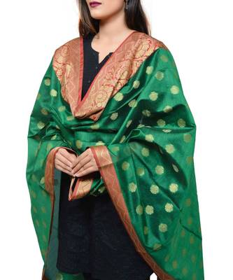 Women's green Banarasi Kora Silk Zari Dupatta 2