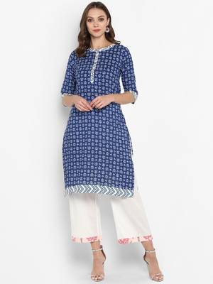 Women blue Printed Straight Kurta 1