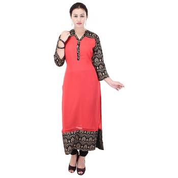 Women Peach Printed Straight Kurta 1