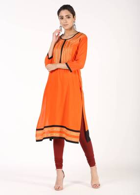 Women Orange Solid Straight Kurta 1