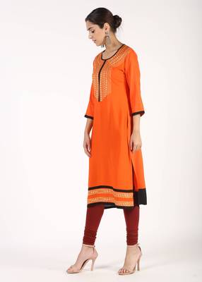 Women Orange Solid Straight Kurta 2