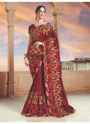 Maroon embroidered art silk saree with blouse 1