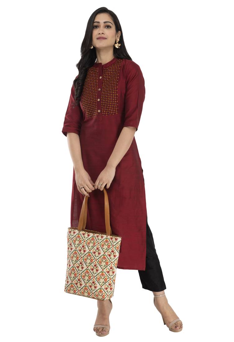 maroon plain dupion kurti