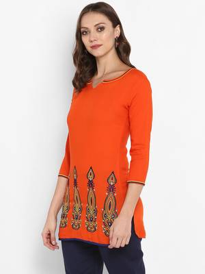 Women Orange Embroidered Straight Kurta 2