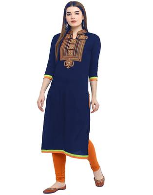 Women blue Embroidered Straight Kurta 1