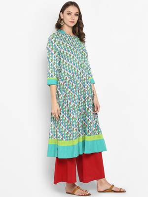 Women Green Printed A-line Kurta 2