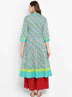 Women Green Printed A-line Kurta 3