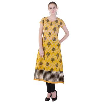 Women Yellow Printed A-line Kurta 2