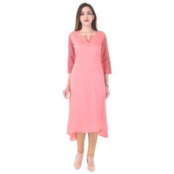 Women Peach Printed High Low Kurta 1