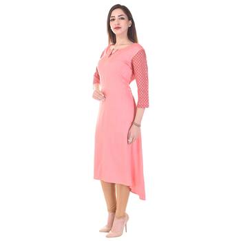 Women Peach Printed High Low Kurta 2