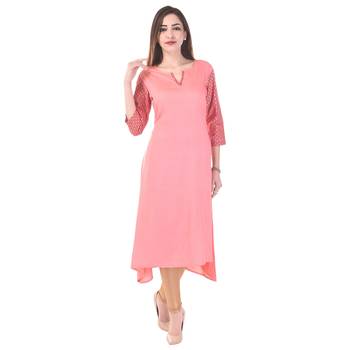 Women Peach Printed High Low Kurta 3