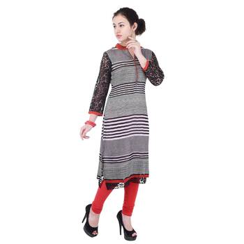 Women Red stripes_printed Straight Kurta 3