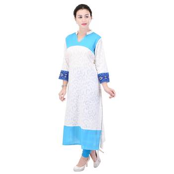 Women White Self Design, Embroidered Straight Kurta 2