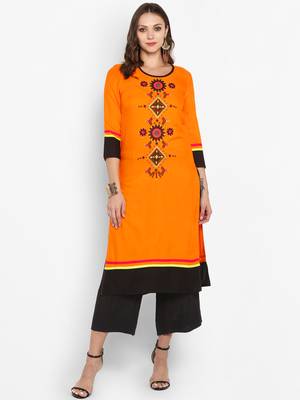 Women Orange Embroidered Straight Kurta 1