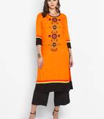 Women Orange Embroidered Straight Kurta
