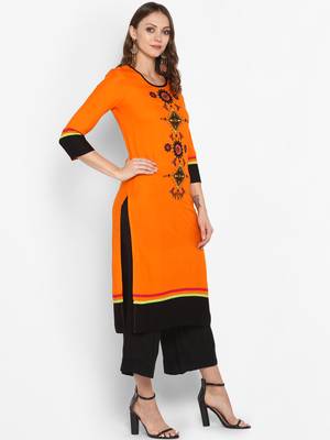 Women Orange Embroidered Straight Kurta 2