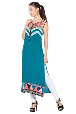 Green Embroidered Cotton Party Wear Kurti 2