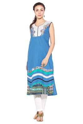 Blue Embroidered Cotton Party Wear Kurti 1