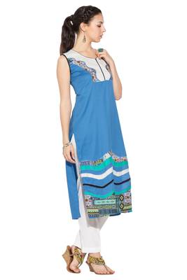 Blue Embroidered Cotton Party Wear Kurti 3