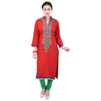 Women Red Embroidered, Embellished Straight Kurta 1