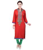 Women Red Embroidered, Embellished Straight Kurta