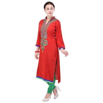 Women Red Embroidered, Embellished Straight Kurta 2