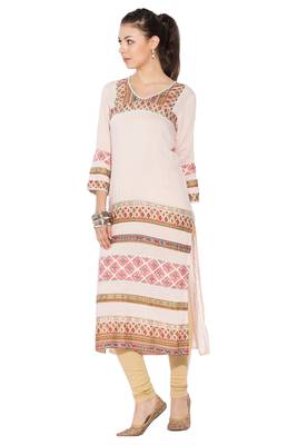 Beige Embroidered Cotton Party Wear Kurti 2