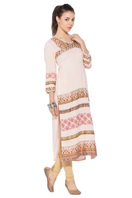 Beige Embroidered Cotton Party Wear Kurti 3