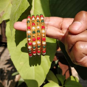 Traditional  Gold Plated Bangles With Multi Colored Bead Set Of 4 3