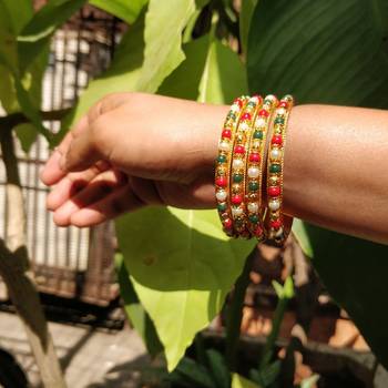 Traditional  Gold Plated Bangles With Multi Colored Bead Set Of 4 4