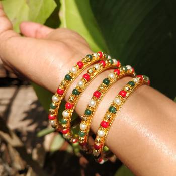 Traditional  Gold Plated Bangles With Multi Colored Bead Set Of 4 5