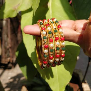 Traditional  Gold Plated Bangles With Multi Colored Bead Set Of 4 6