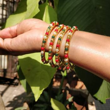 Traditional  Gold Plated Bangles With Multi Colored Bead Set Of 4 7