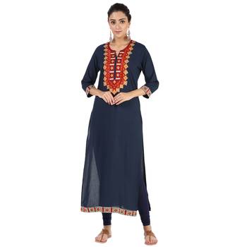 Women blue Embroidered Straight Kurta 1