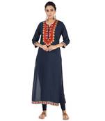 Women blue Embroidered Straight Kurta