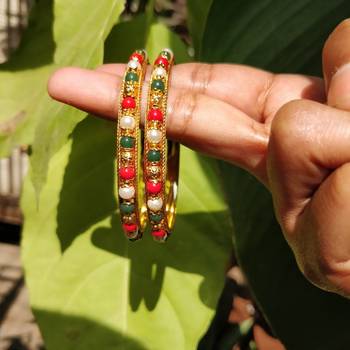 Traditional  Gold Plated Bangles With Multi Colored Bead  Set Of 2 4