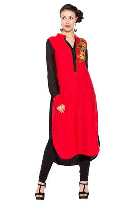 Red Embroidered Cotton Party Wear Kurti 1