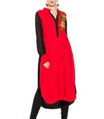 Red Embroidered Cotton Party Wear Kurti