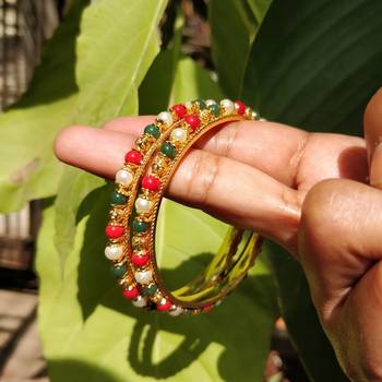 Traditional  Gold Plated Bangles With Multi Colored Bead  Set Of 2 5