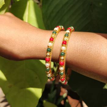 Traditional  Gold Plated Bangles With Multi Colored Bead  Set Of 2 6