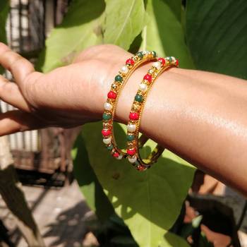 Traditional  Gold Plated Bangles With Multi Colored Bead  Set Of 2 7