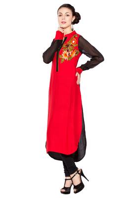 Red Embroidered Cotton Party Wear Kurti 2