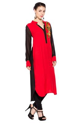 Red Embroidered Cotton Party Wear Kurti 3