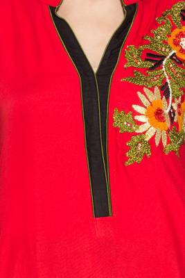 Red Embroidered Cotton Party Wear Kurti 5