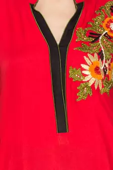 Red Embroidered Cotton Party Wear Kurti